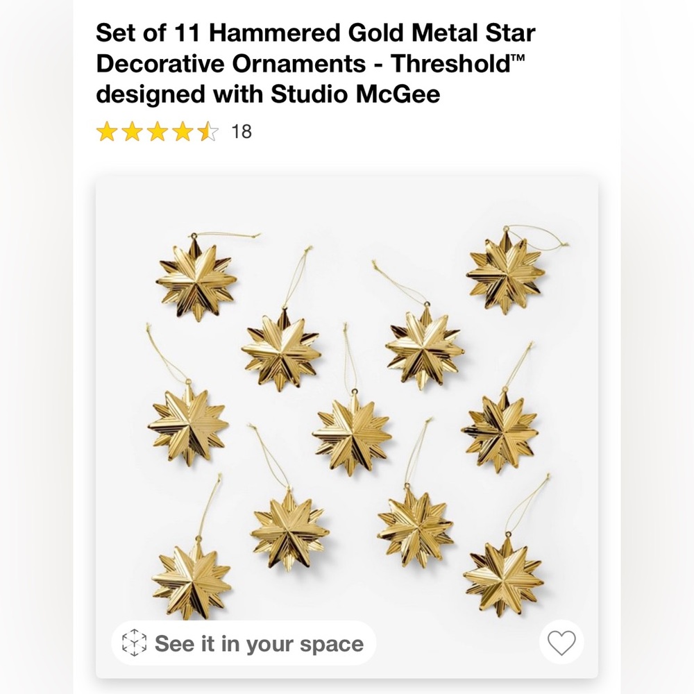 NWT Set of 11 Hammered Gold Metal Star Ornaments